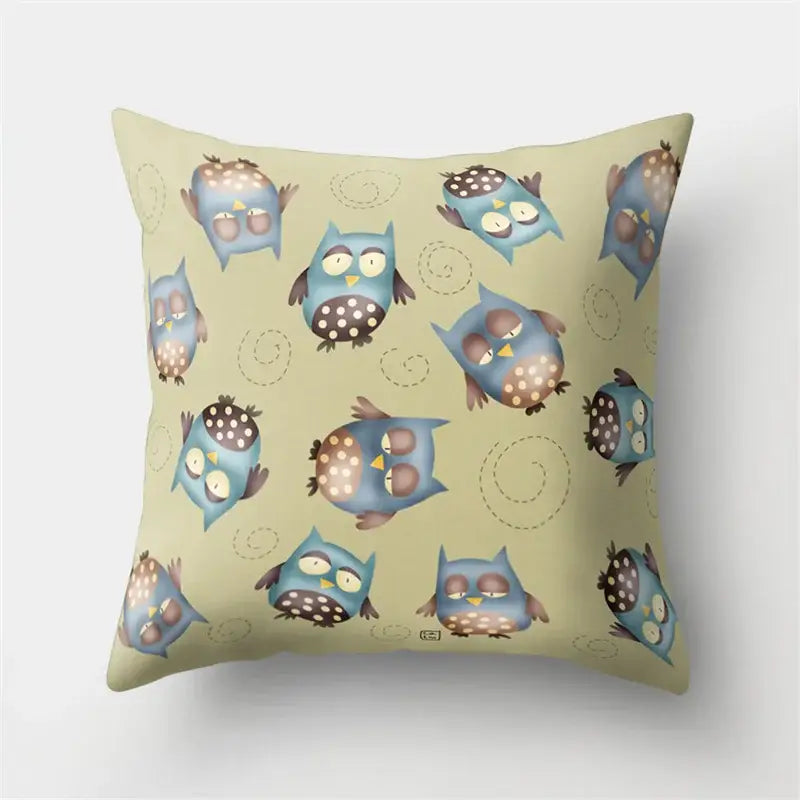 Artistic owl pillow cover featuring a cute owl cushion pattern with blue cartoon owls on pale green decorbites pillow cover