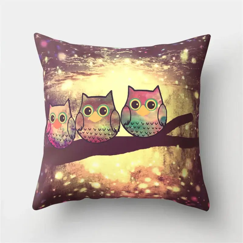 Square pillow cover with colorful whimsical cute owl cushion design featuring three owls on starry sky decorbites decor