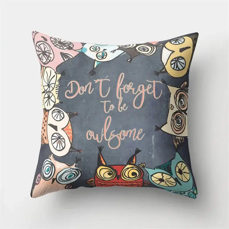 Artistic owl pillow cover with dark blue background colorful cartoon owls and pink cursive text decorbites cute owl cushion