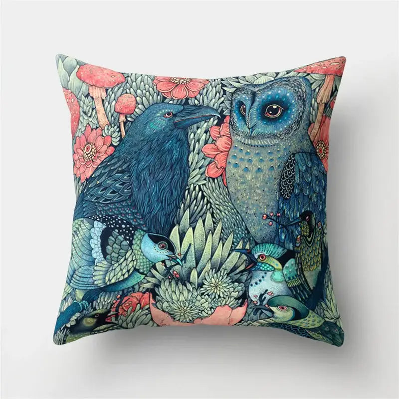 Square pillow cover featuring a detailed blue and teal artistic owl illustration for decorbites cute owl cushion decor