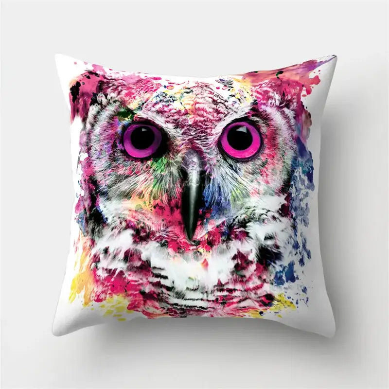 Artistic owl pillow cover with vibrant abstract owl face pink eyes and black beak perfect for decorbites cute owl decor