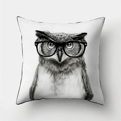 White square pillow cover featuring a detailed black-and-white artistic owl illustration perfect for decorbites cute owl decor