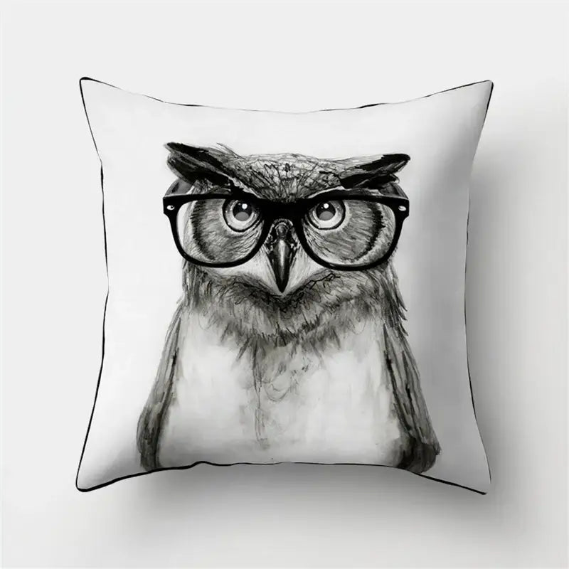 White square pillow cover featuring a detailed black and white artistic owl illustration for bedroom decorbites cute owl cushion