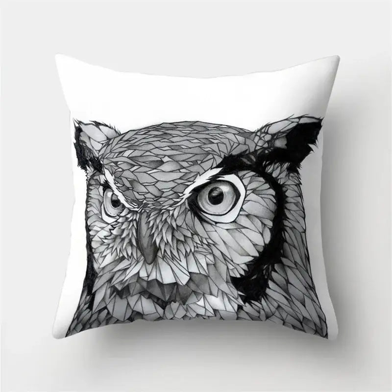 White throw pillow cover with detailed black-and-white geometric owl design for decorbites cute owl cushion decor