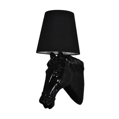 Aplique de pared artístico con forma de cabeza de caballo de resina: Lámpara de pared con 1 bombilla y pantalla cónica de tela - Negro/Blanco/Rojo - Decoración para sala de estar