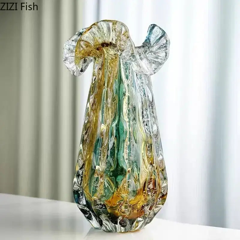 Artistic teal and gold decorbites bubble glass vase with swirling amber and teal hues for living room hydroponic decor
