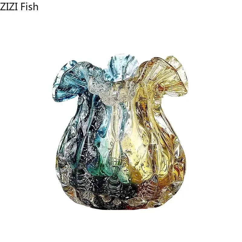 Artistic teal and gold decorbites bubble glass vase with translucent blue and amber ruffled edges for living room decor