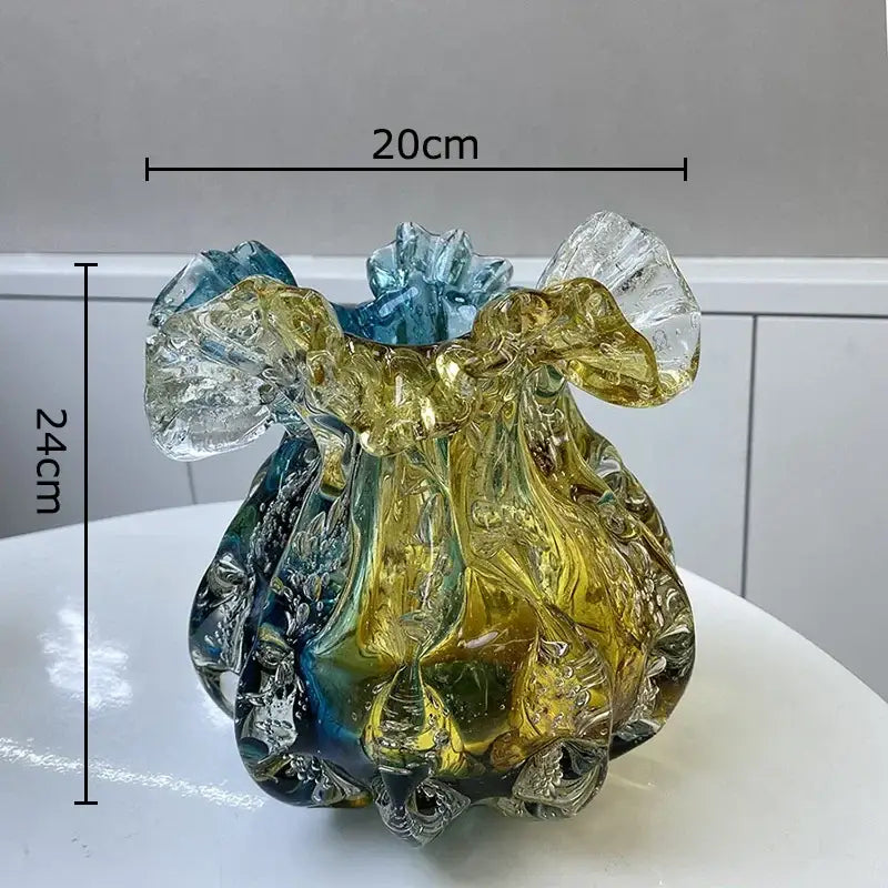 Artistic teal and gold decorbites bubble glass vase with ruffled amber and clear glass design for living room decor