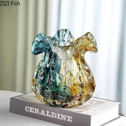 Artistic teal and gold decorbites bubble glass vase with swirling hues and ruffled edges for living room decorbites bubble glass