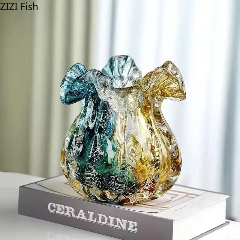 Artistic teal and gold decorbites bubble glass vase with swirling hues and ruffled edges for living room decorbites bubble glass