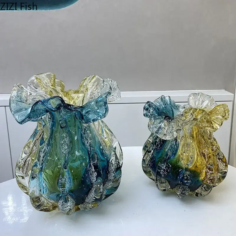 Two hand-blown decorbites bubble glass vases with ruffled translucent rims and teal gold swirling gradients for living room decor