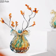 Artistic teal and gold decorbites bubble glass vase with swirling amber hues for living room hydroponic decor