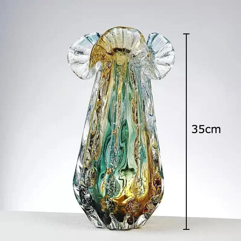 Artistic teal and gold bubble glass vase with swirling pattern and fan-shaped handles for living room decorbites bubble glass decor