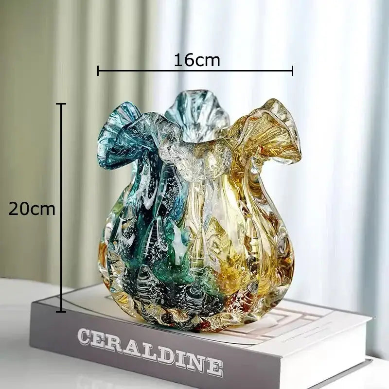 Artistic teal and gold decorbites bubble glass vase with swirling hues and ruffled edges for living room decor