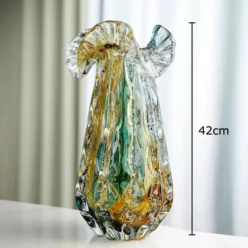 Artistic teal and gold bubble glass vase with swirling amber and emerald green hues for living room decorbites bubble glass decor