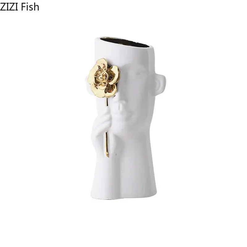 Artistic white ceramic head vase with gold rose relief on cheek for elegant bedroom decor