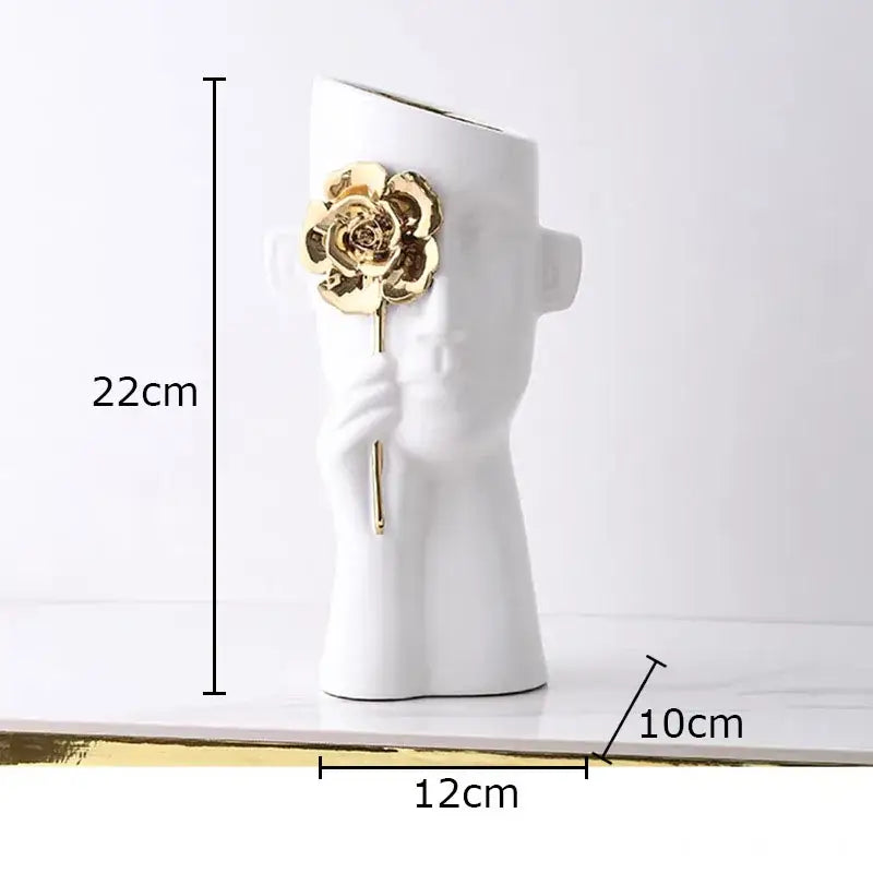 Artistic white ceramic head vase with gold rose relief accessory for bedroom decor