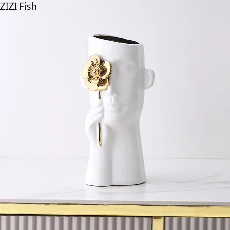 Artistic white ceramic head vase with gold rose relief on cheek for elegant bedroom decor