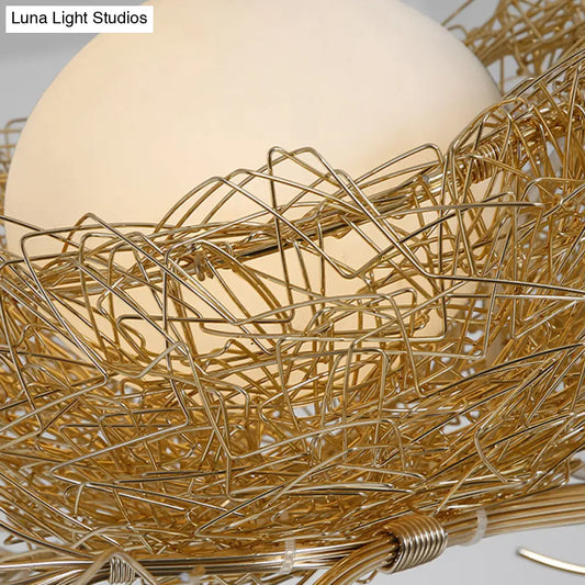 DecorBites™ Artistry Milk White Glass Ball Chandelier Pendant 1/2/3-Light Golden Hanging Lamp with Birds and Hand Sewn Aluminum Nest
