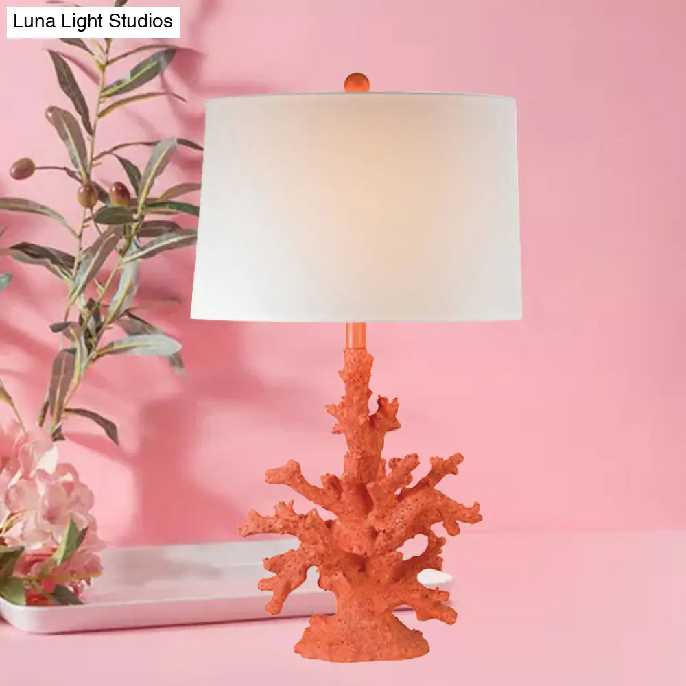 Arya - Green/Red Resin Green/Red Table Lighting Coral 1 Bulb Countryside Night Stand Lamp with Drum Fabric Shade