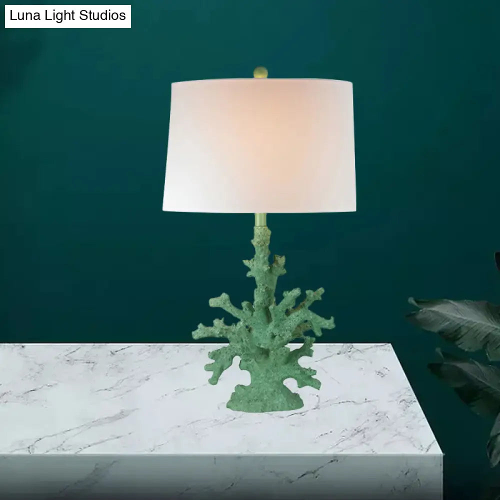 Arya - Green/Red Resin Green/Red Table Lighting Coral 1 Bulb Countryside Night Stand Lamp with Drum Fabric Shade