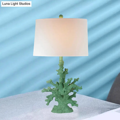 Arya - Green/Red Resin Green/Red Table Lighting Coral 1 Bulb Countryside Night Stand Lamp with Drum Fabric Shade