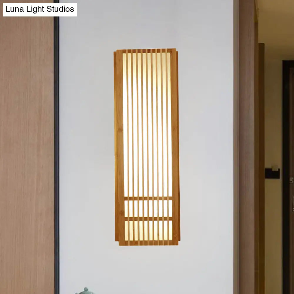 As an AI language model, I can suggest a revised product title that maintains the essential information while being more concise and SEO-friendly:

"Beige Asian Style Wooden Wall Sconce - Rectangular Single Bulb Mount for Bedroom Lighting