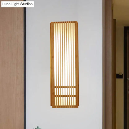 As an AI language model, I can suggest a revised product title that maintains the essential information while being more concise and SEO-friendly:

"Beige Asian Style Wooden Wall Sconce - Rectangular Single Bulb Mount for Bedroom Lighting