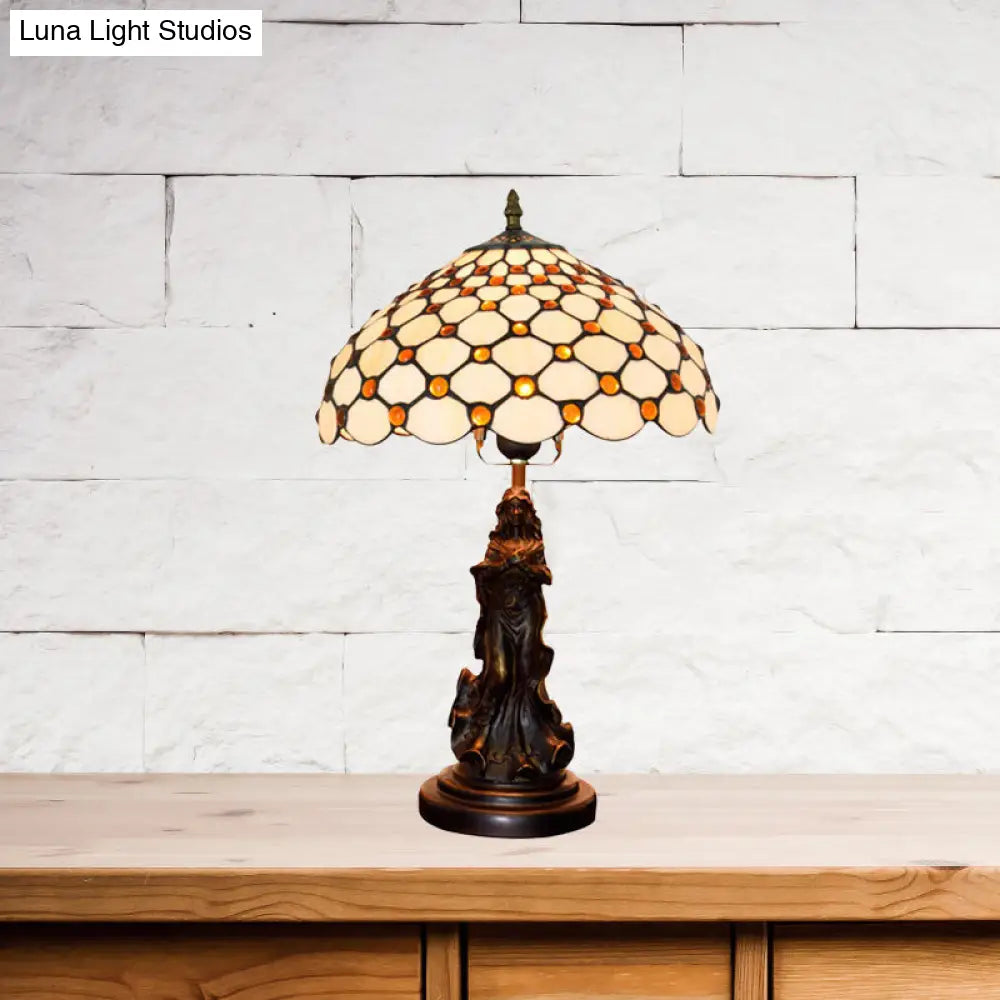 Asellus Secundus - Lámpara de mesa Tiffany de 1 luz con decoración de ángel y cabujones. Luz nocturna con rejilla.