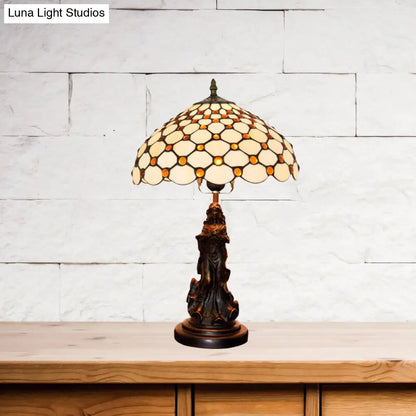 Asellus Secundus - Lámpara de mesa Tiffany de 1 luz con decoración de ángel y cabujones. Luz nocturna con rejilla.