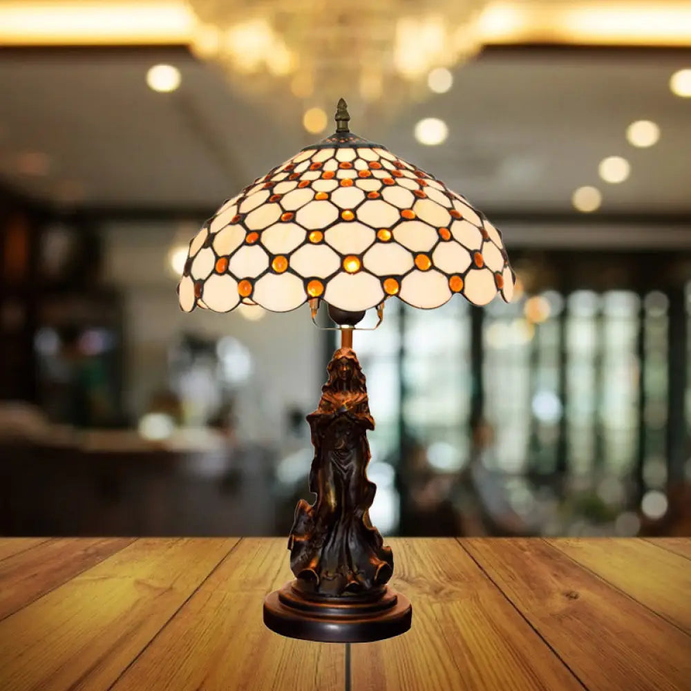 Asellus Secundus - Lámpara de mesa Tiffany de 1 luz con decoración de ángel y cabujones. Luz nocturna con rejilla.