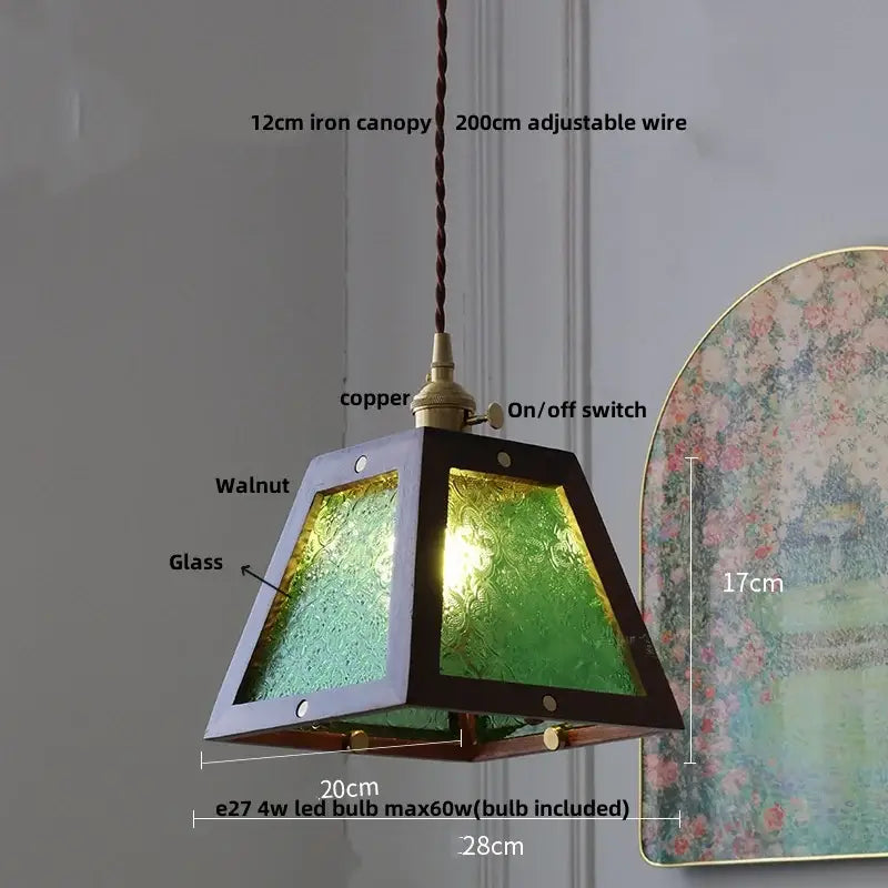 Ash wood dome pendant lamp with dark walnut frame green glass panels and copper wire suspension decorbites ash wood