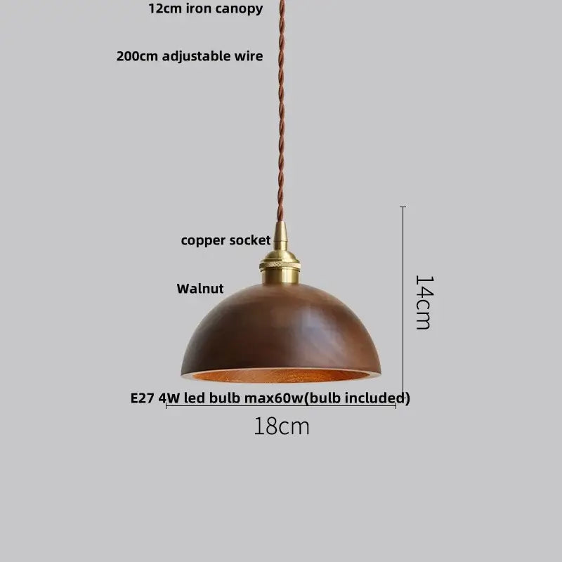 Rustic brown ash wood dome pendant lamp with brass copper socket and twisted bronze wire decorbites ash wood hanging light