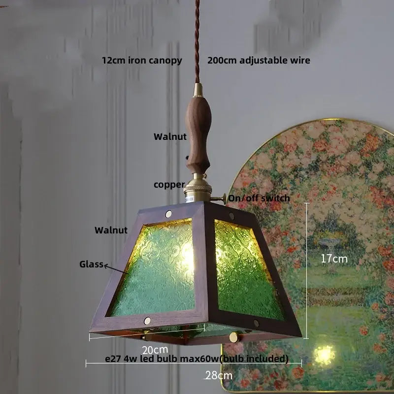 Rustic ash wood dome pendant lamp with dark walnut frame green textured glass panels and copper accents for decorbites ash wood decor