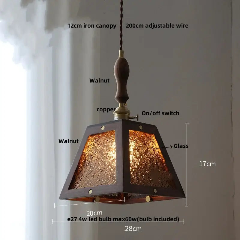 A rustic ash wood pendant lamp with dark walnut frame copper accents and etched glass panels by decorbites ash wood