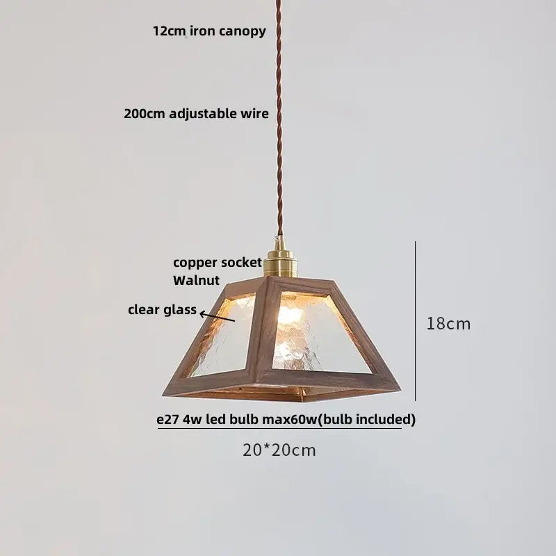 Ash wood dome pendant lamp with walnut frame, clear textured glass panels, and brass copper socket for decorbites ash wood