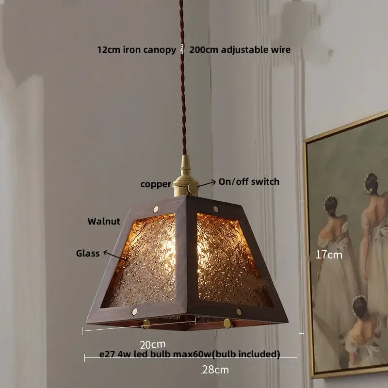 A warm-toned ash wood pendant lamp with a walnut finish and textured glass panels for kitchen decorbites ash wood