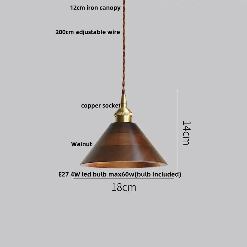 Ash wood dome pendant lamp with warm walnut finish, brass copper socket, and adjustable braided wire suspension by decorbites ash wood