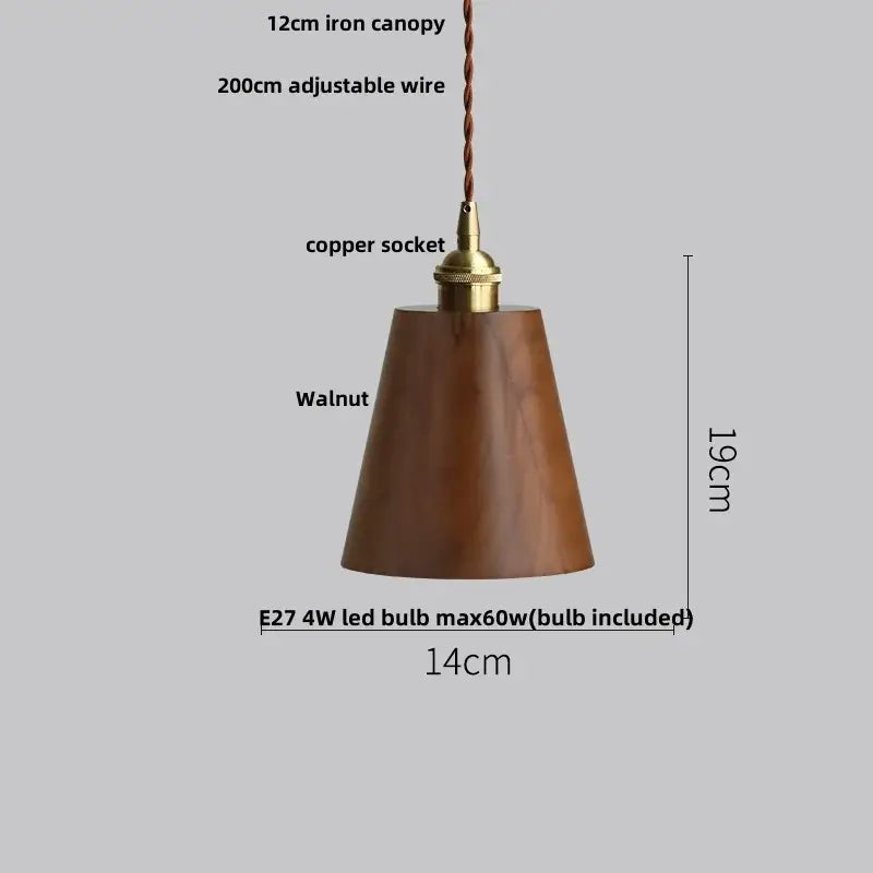 Ash wood dome pendant lamp with warm walnut finish, brass copper socket, and twisted brown wire suspension by decorbites ash wood