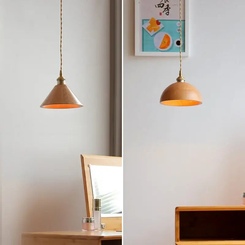 Warm-toned ash wood dome pendant lamp with brass chain and metal hardware perfect for kitchen lighting decorbites ash wood