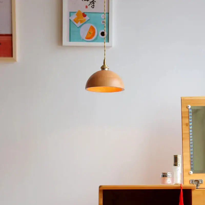 Warm-toned ash wood dome pendant lamp with brass-finished chain for kitchen hanging light by decorbites ash wood