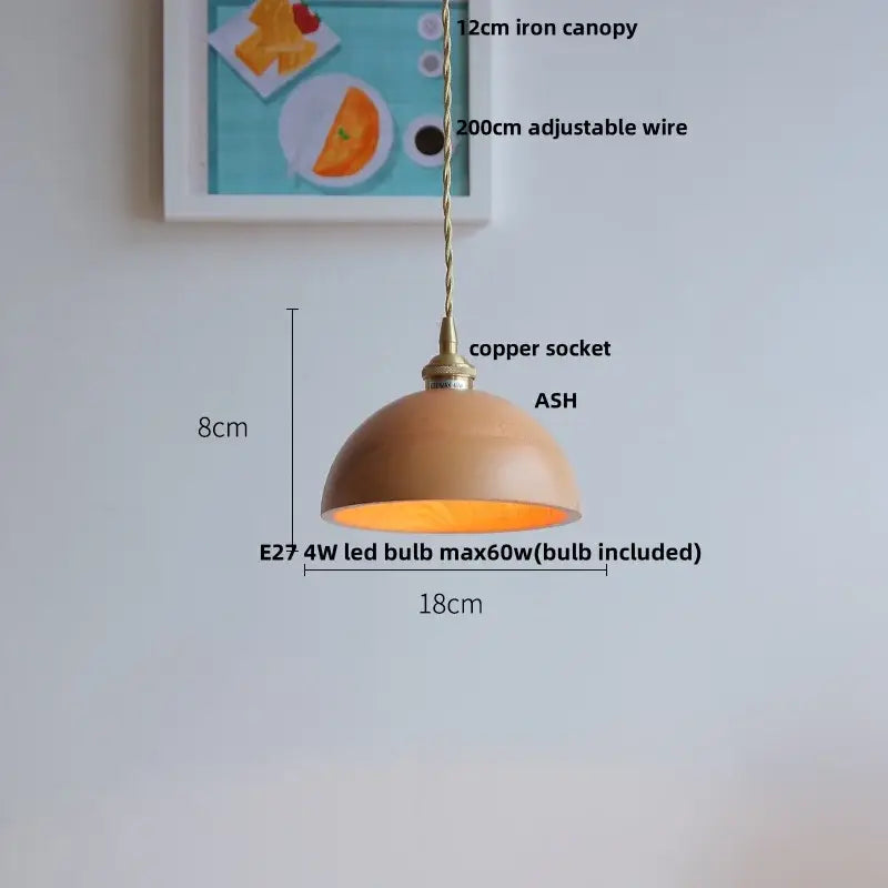 Warm-toned ash wood dome pendant lamp with brass copper socket and twisted wire suspension for kitchen lighting decorbites ash wood