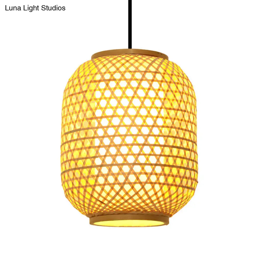 Asia Bamboo Hanging Pendant Ceiling Light – 16"/19.5" Height, Beige – 1 Light for Dining Room