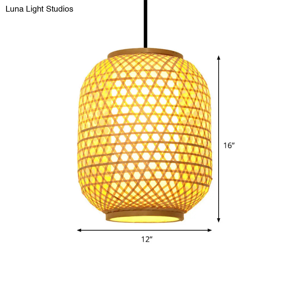 Asia Bamboo Hanging Pendant Ceiling Light – 16"/19.5" Height, Beige – 1 Light for Dining Room