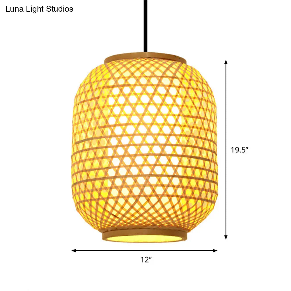 Asia Bamboo Hanging Pendant Ceiling Light – 16"/19.5" Height, Beige – 1 Light for Dining Room