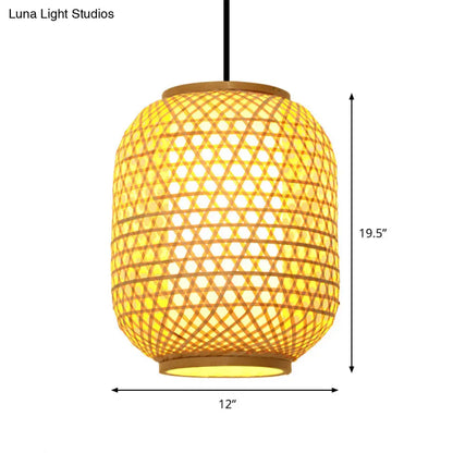 Asia Bamboo Hanging Pendant Ceiling Light – 16"/19.5" Height, Beige – 1 Light for Dining Room