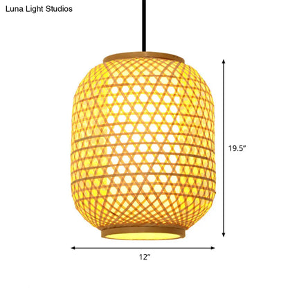 Asia Bamboo Hanging Pendant Ceiling Light – 16"/19.5" Height, Beige – 1 Light for Dining Room