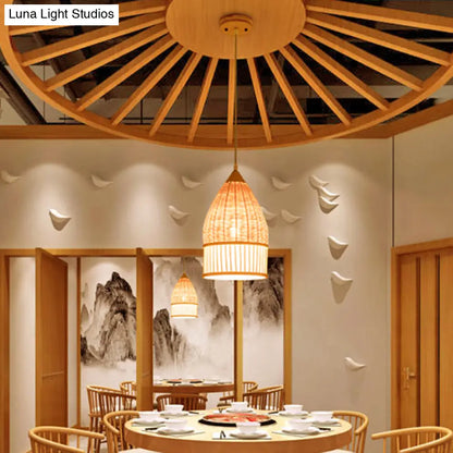 Asia Beige Bamboo Pendant Ceiling Light for Dining Room with Elongated Shade