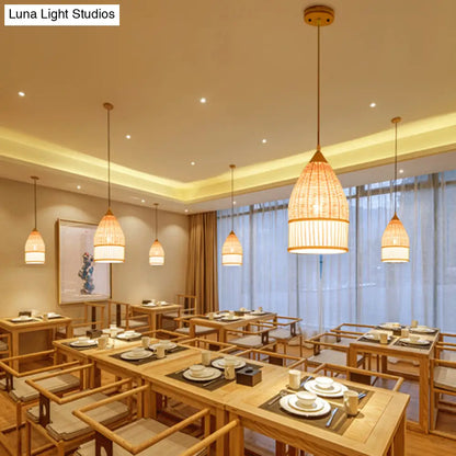 Asia Beige Bamboo Pendant Ceiling Light for Dining Room with Elongated Shade