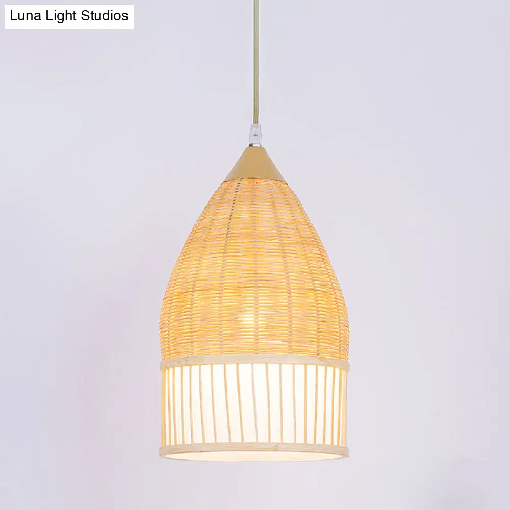 Asia Beige Bamboo Pendant Ceiling Light for Dining Room with Elongated Shade